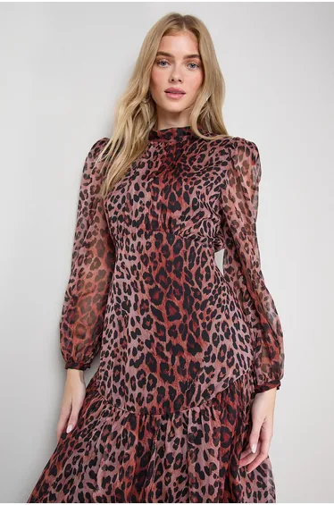 فستان اويسيس شيفون ميداكسي على شكل حرف A بأكمام طويلة