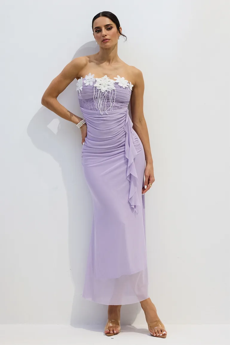 Leslie Floral Applique Strapless Chiffon Maxi Dress