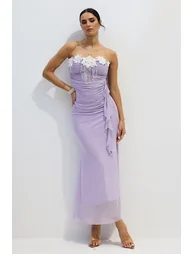 Leslie Floral Applique Strapless Chiffon Maxi Dress