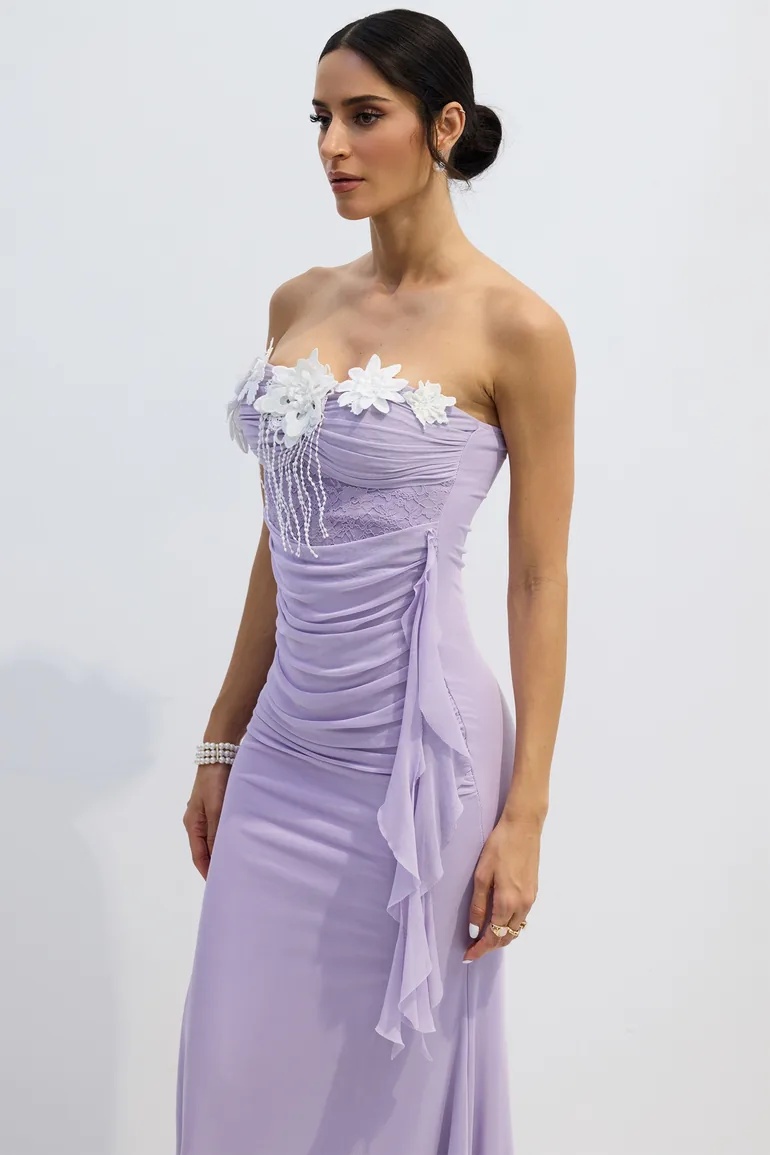 Leslie Floral Applique Strapless Chiffon Maxi Dress - 6
