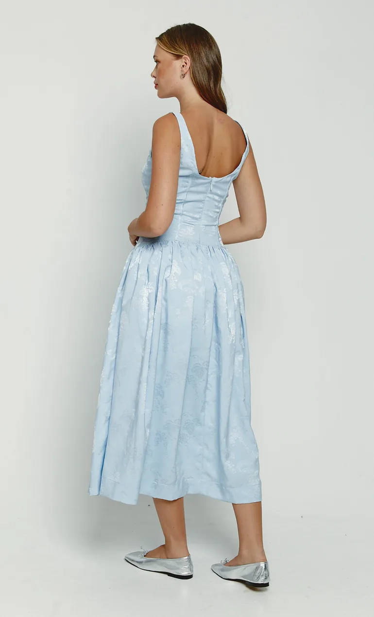 sachin and babi light blue dress Poplin Strapless Drop Waist Back Cutout Maxi Dress