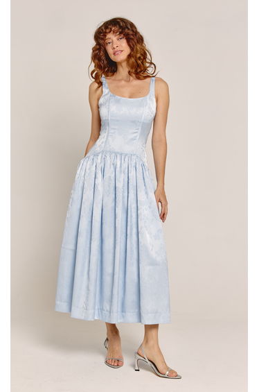 Blue Satin Jacquard Drop Waist Midi Dress