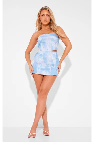 Blue Sequin Denim Textured Mini Skirt