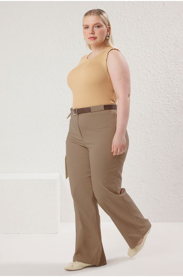 Beige Belted Woven Plus Size Trousers