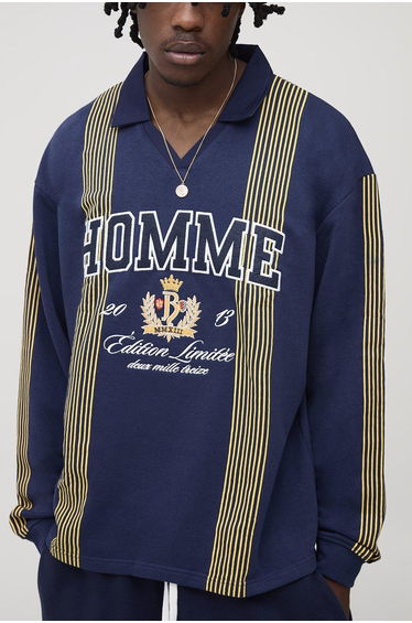 Tall Oversized Homme Applique Stripe Rugby Polo - navy