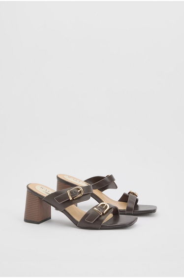 Axel Faux Leather Buckle Detail Block Heel Mules