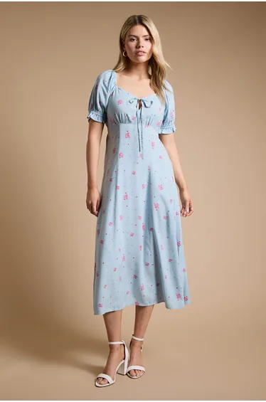 Tie Front Puff Sleeve Midi Dress