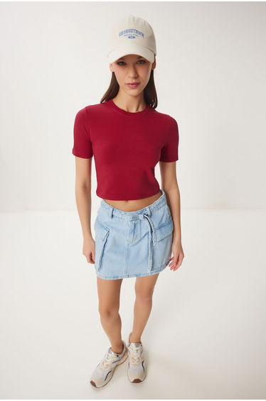 Women's Burgundy Crew Neck Crop T-Shirt
