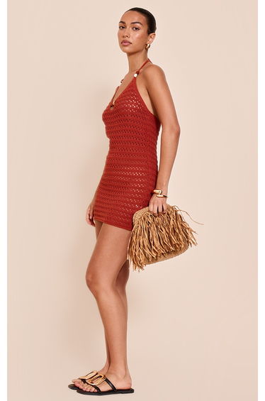 Rust Crochet Beaded Mini Dress