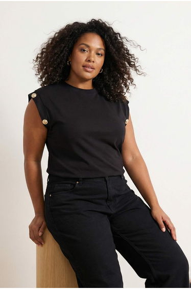 Black Crew Neck Button Detailed 100% Cotton Knitted Plus Size T-shirt