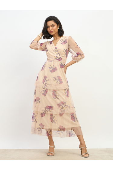 All-Over Floral Print V Neck Tiered Maxi Dress