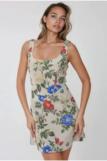 Square Neck Flower Pattern Linen Feel Mini Dress