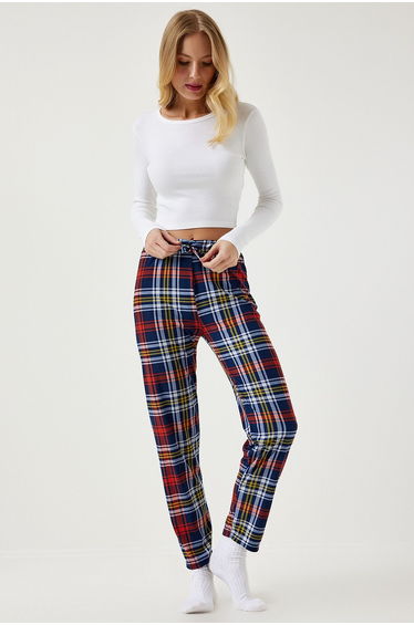 Women's Navy Blue Patterned Soft Textured Knitted Pajamas Bottoms