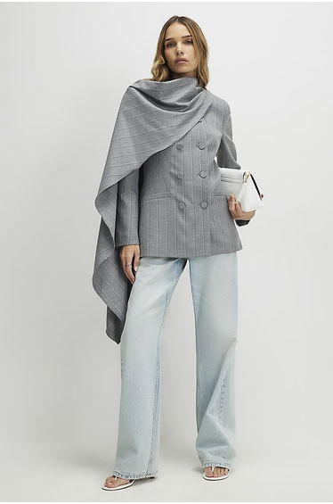 Grey Striped Double Breasted Cape Blazer