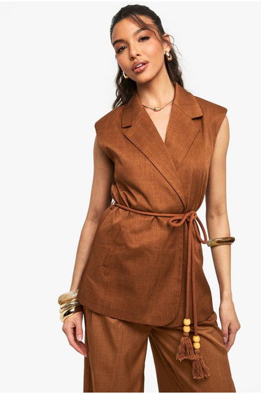 Tailored Linen Look Longline Belted Waistcoat