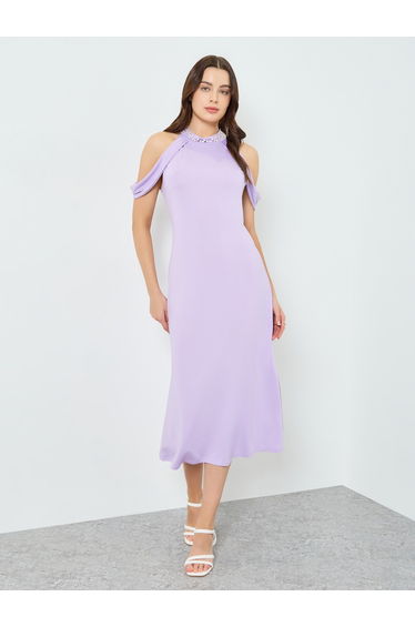 Women Lilac Faux Pearl Cold-Shoulder Bodycon Midi Dress