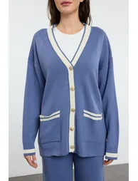 Indigo Color Block Gold Buttoned Pocket Cardigan-Pants Knitwear Bottom-Top Set - 2