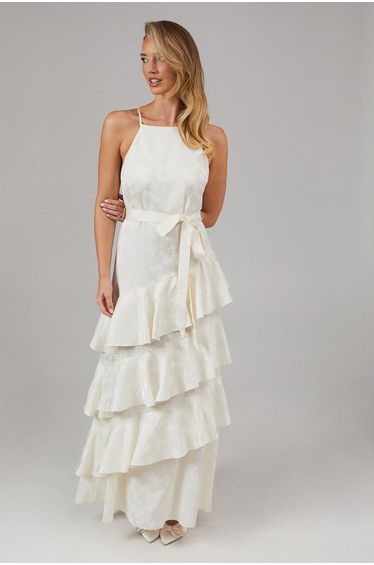 Satin Jacquard Ruffle Halter Neck Bridesmaids Dress