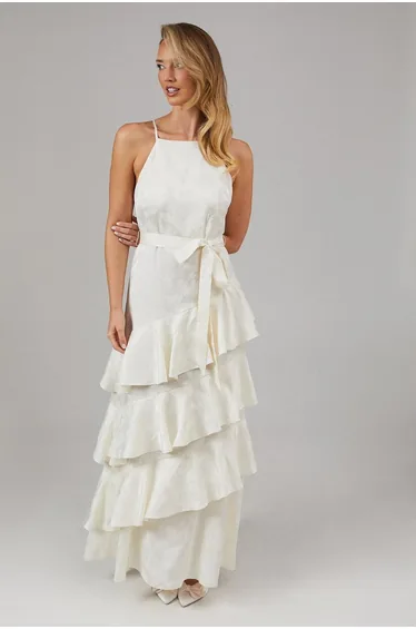 Satin Jacquard Ruffle Halter Neck Bridesmaids Dress