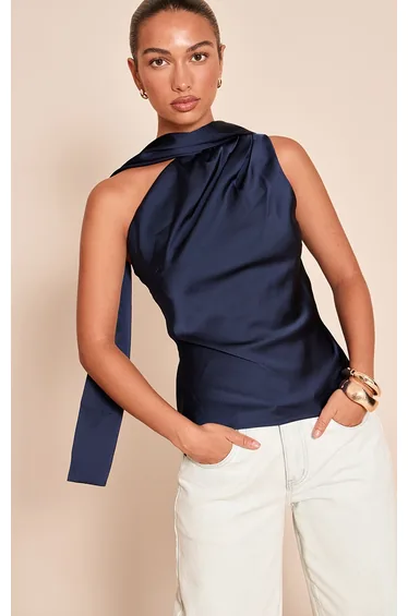 Navy Satin Asymmetric Scarf Detail Top