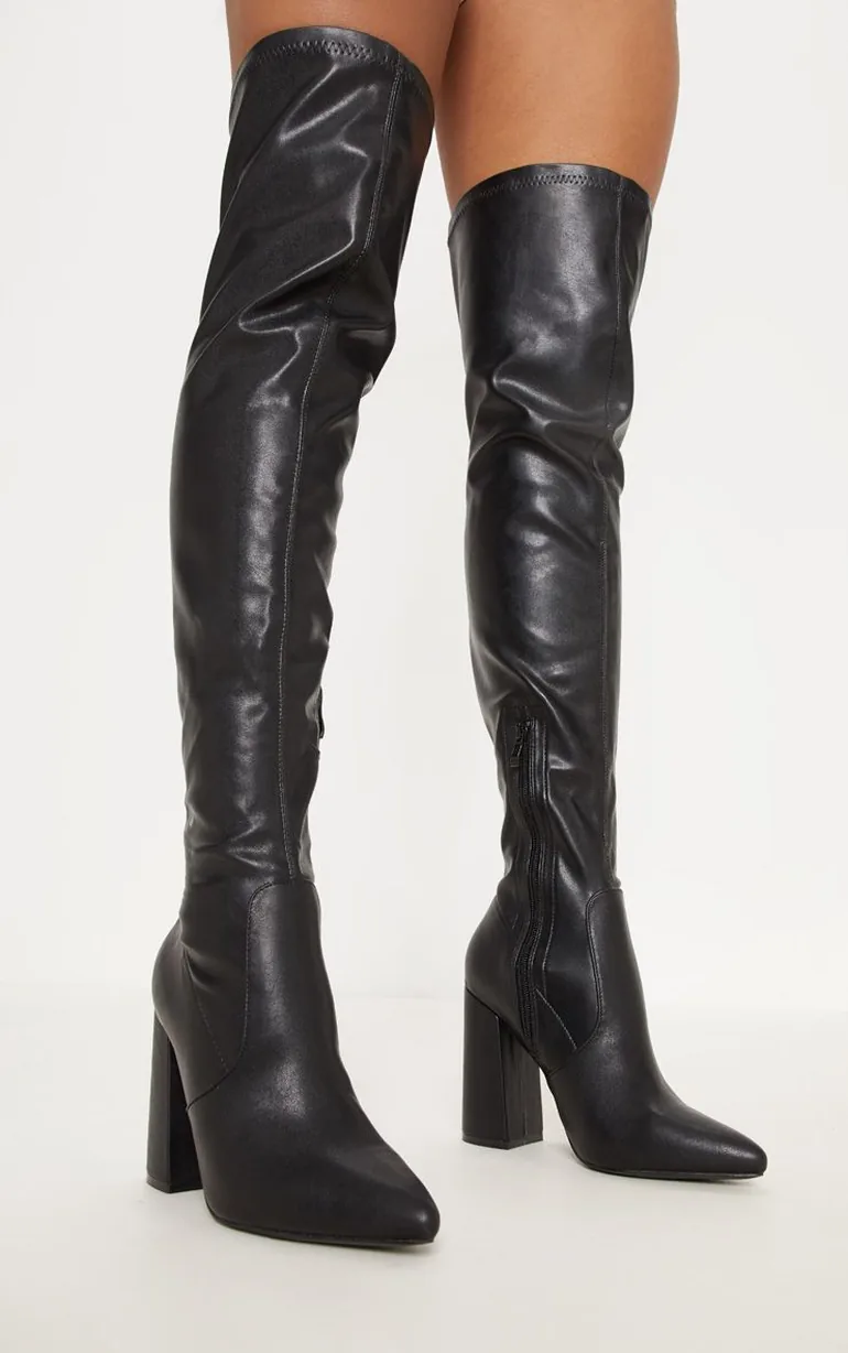 Black Block Heel PU Thigh High Boot - 1