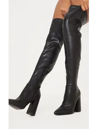 Black Block Heel PU Thigh High Boot