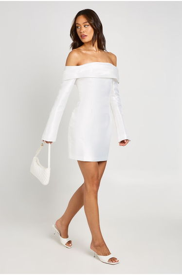 Tall Satin Structured Bardot Mini Dress - white