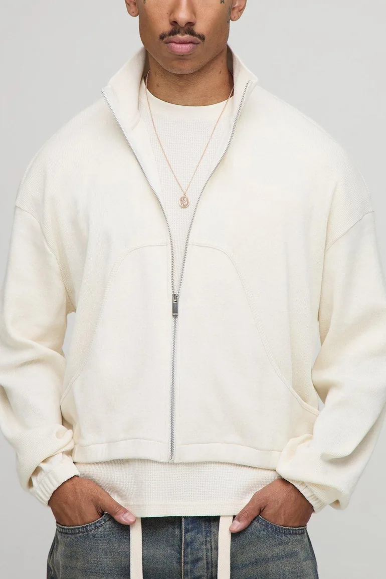 Oversized Boxy Rib Jersey Funnel Neck Track Top - ecru