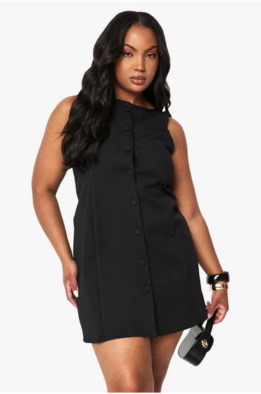 Plus structured button down mini dress - black
