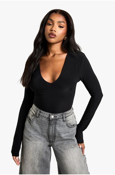 Double Layer Slinky Plunge Front Long Sleeve Bodysuit - black