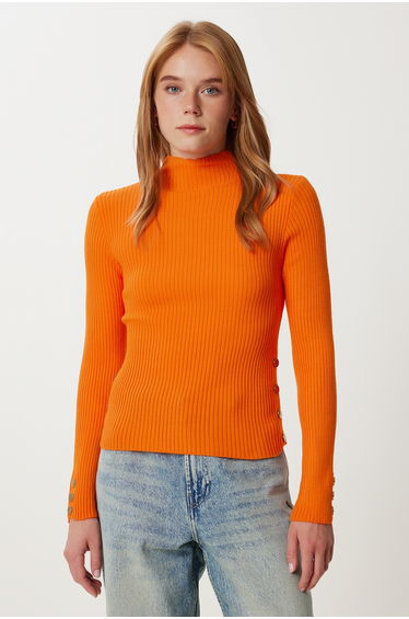 Women's Orange Button Detailed Ribbed Knitwear Sweater