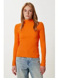 Women's Orange Button Detailed Ribbed Knitwear Sweater