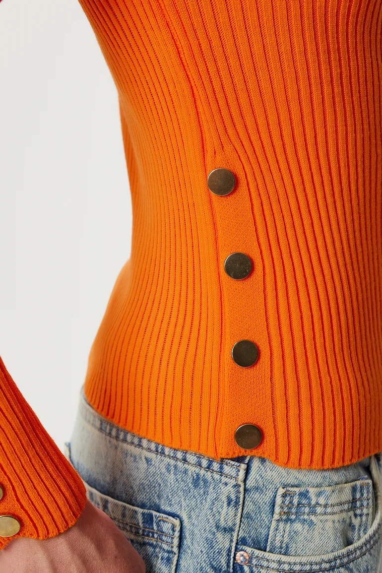 Women's Orange Button Detailed Ribbed Knitwear Sweater - 3