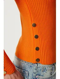 Women's Orange Button Detailed Ribbed Knitwear Sweater - 3