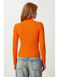 Women's Orange Button Detailed Ribbed Knitwear Sweater - 5