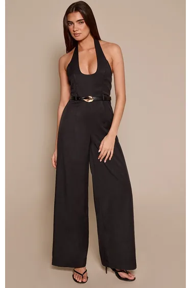 Black Woven Halter Neck Belted Jumpsuit