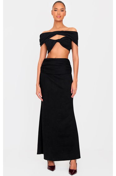 Black Faux Suede Ruched Twist Fold Over Maxi Skirt