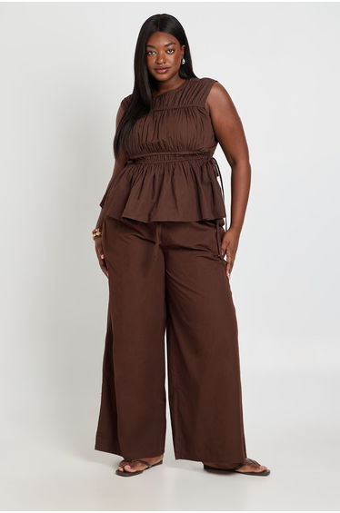 Plus Cotton Poplin Drawstring Wide Leg Trousers - chocolate