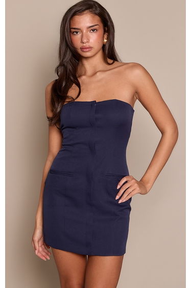 Navy Woven Tailored Bandeau Placket Detail Mini Dress