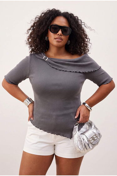 Anthracite Asymmetric Collar Accessory Detailed Ribbed Stretchy Knitted Plus Size Blouse