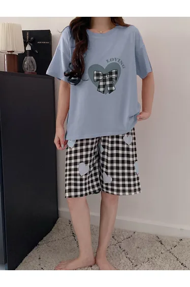 Plus Size Heart Print Checked T-Shirt and Shorts Set