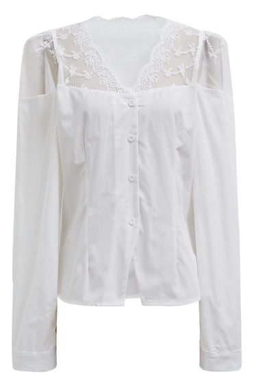 Embroidered Mesh Spliced Button Down Top in White