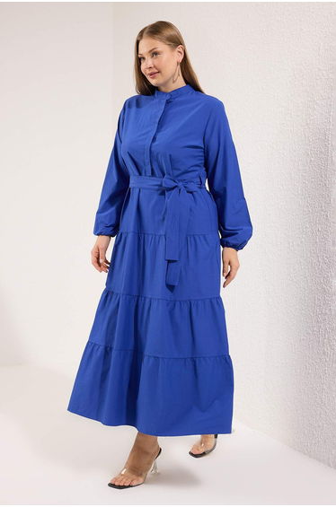 Plus Size Saxe Belted Judge Collar Button Detailed Woven Dress