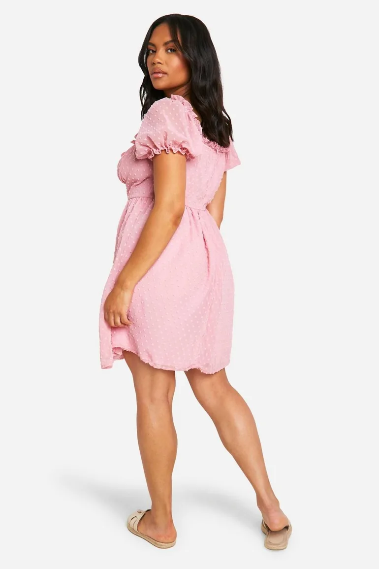 Plus Dobby Puff Sleeve Mini Dress - baby pink - 2