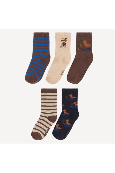 Socks in Pack of 5 Pairs with Stripes and Foxes