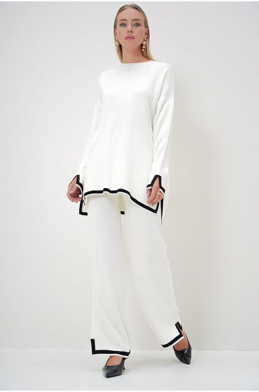 Women's Beige Crew Neck Stripe Detailed Knitwear Tunic and Trouser Set