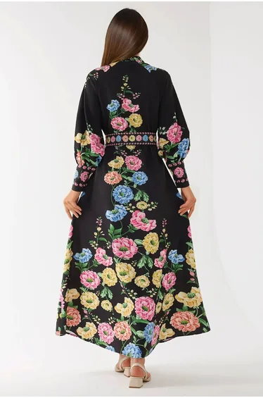 Printed Long Sleeve Maxi Dress with Belt