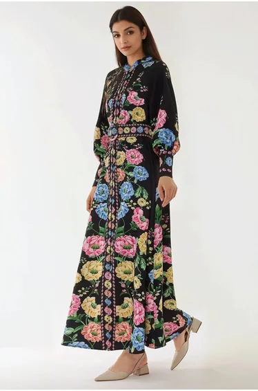 Printed Long Sleeve Maxi Dress with Belt