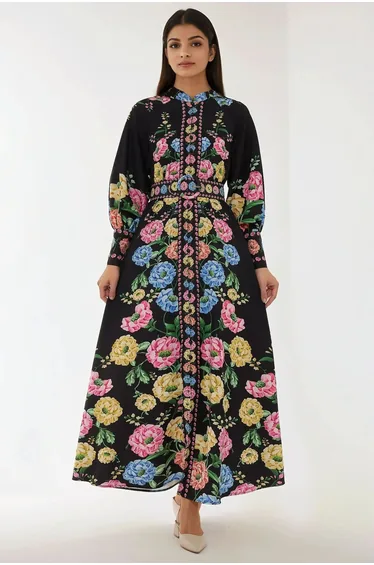 Printed Long Sleeve Maxi Dress with Belt