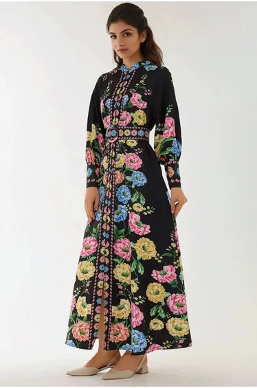 Printed Long Sleeve Maxi Dress with Belt